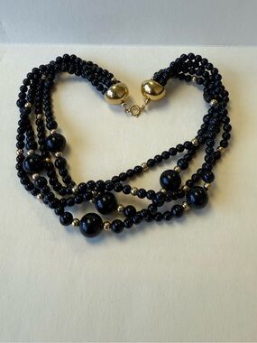 Vintage 3 Strand Black and Gold Toned Beaded Costume Jewelry Necklace